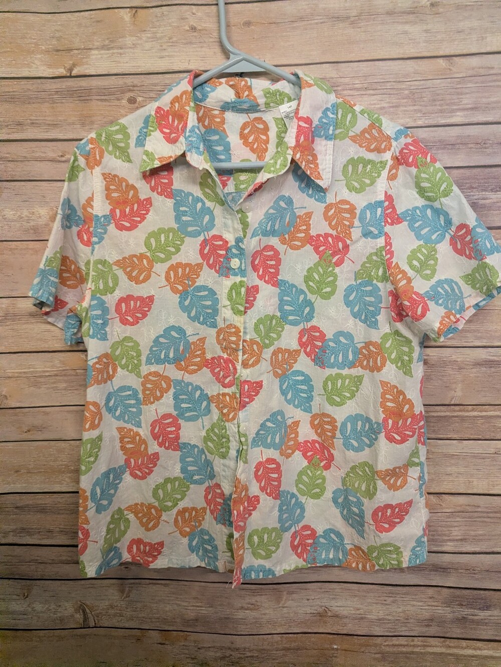 Women’s 14P Tropical Leaf Button Front Shirt Cotton Hawaiian Blouse Petite